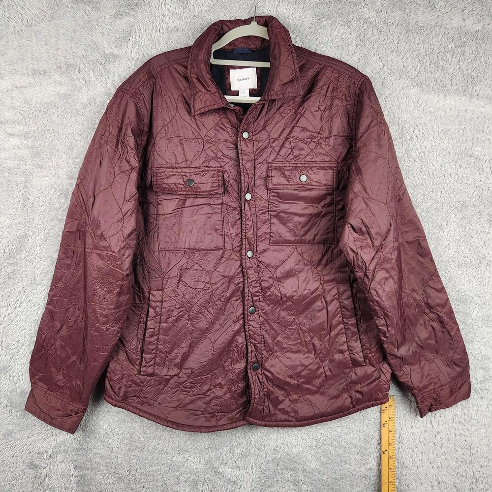 Old Navy Jacket Mens XL Red Nylon Quilted Snap Fleece Lined Shacket Pockets